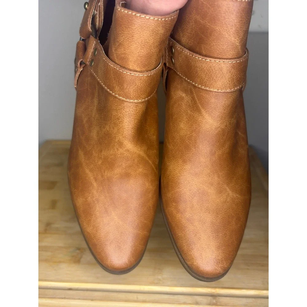 Footwear Unlimited Kya Aztec PU Ankle Boots Light Brown Harness Pointed Toe 8M